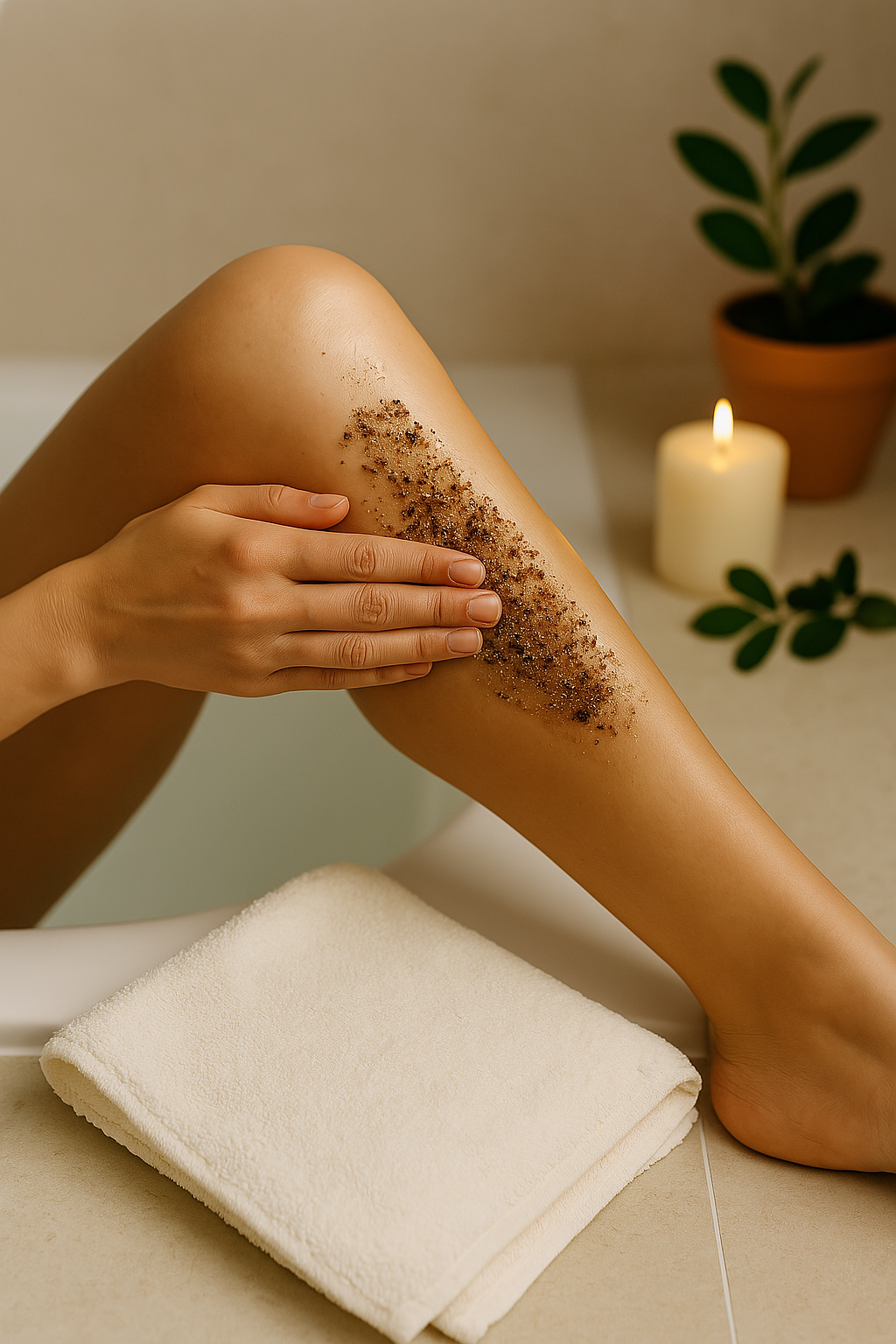 A women applies body scrub to her leg